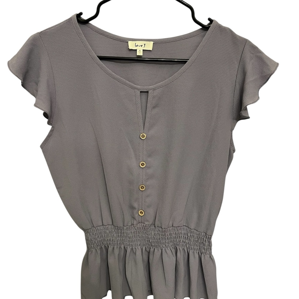 Love J Purple Smocked‎ Waist Ruffle Sleeve Top